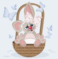 little rabbit in a basket and blue butterflies